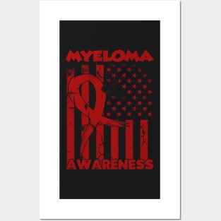 Myeloma Awareness Flag Burgundy Ribbon In This Family No One Fights Alone Posters and Art